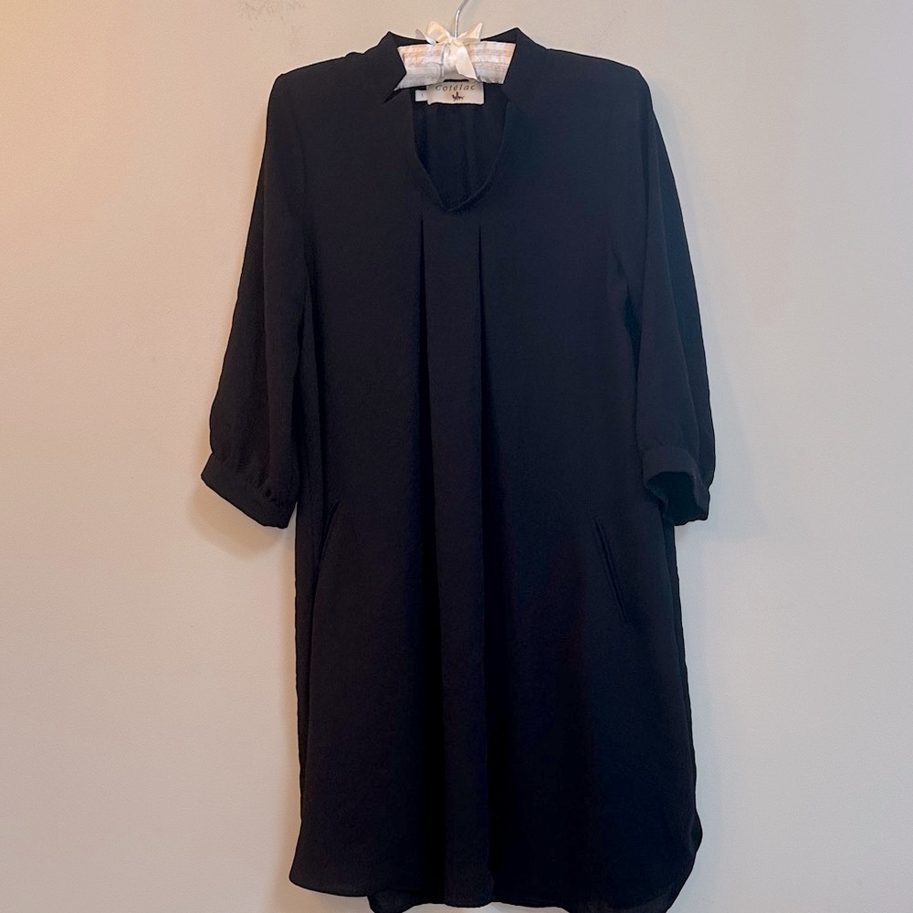 Cotelac French Designer Shift Dress – Black Crepe  Size FR 1 (Approx. US 4–6)